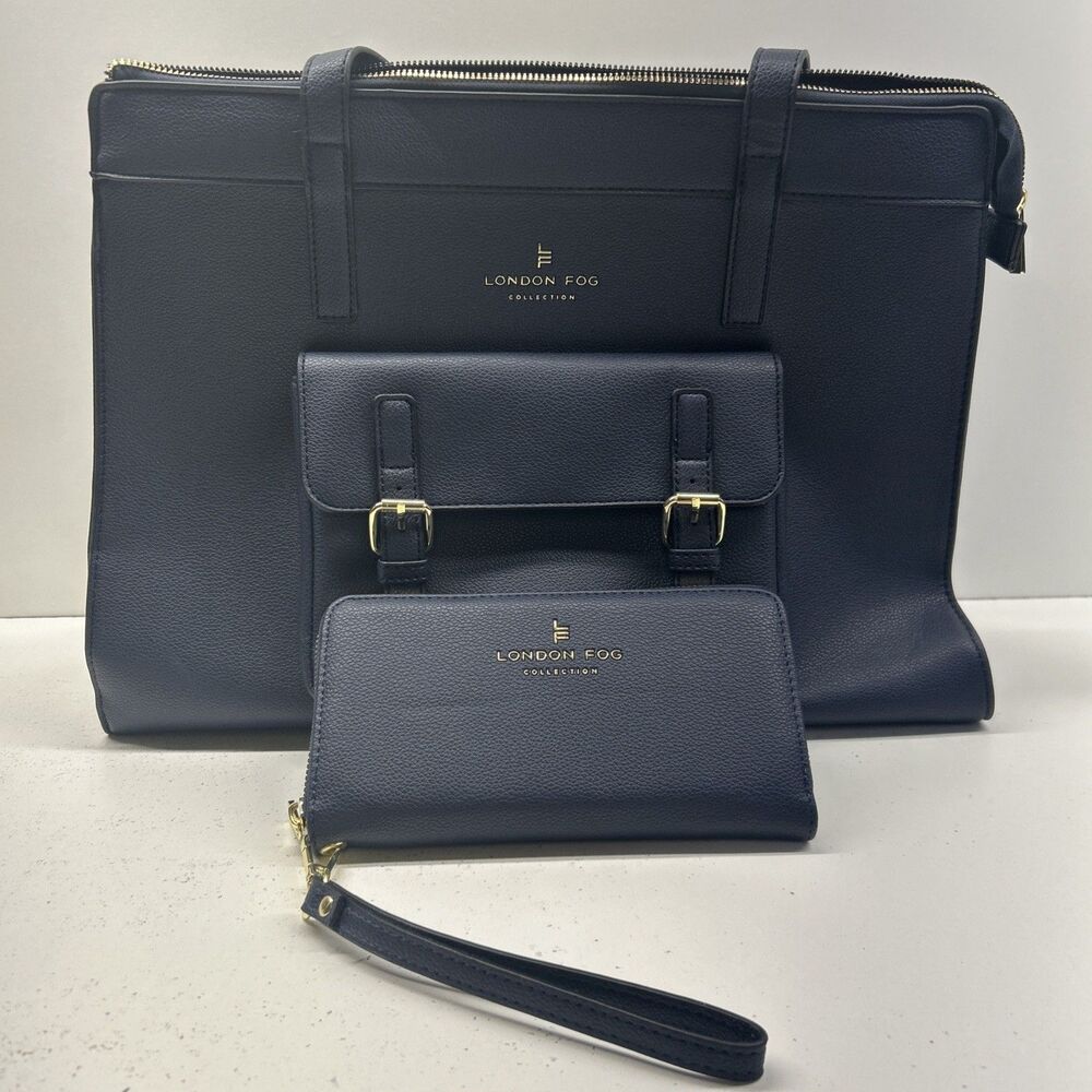 London Fog 2 Pc Navy Blue Pebbled Faux Leather Tote Satchel Wallet Set Gold Tone